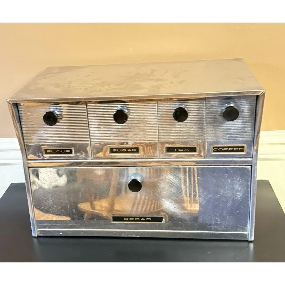 Art Deco Era Krestline Speco Chrome Bread Box Canister MCM Wall Kitchen Storage